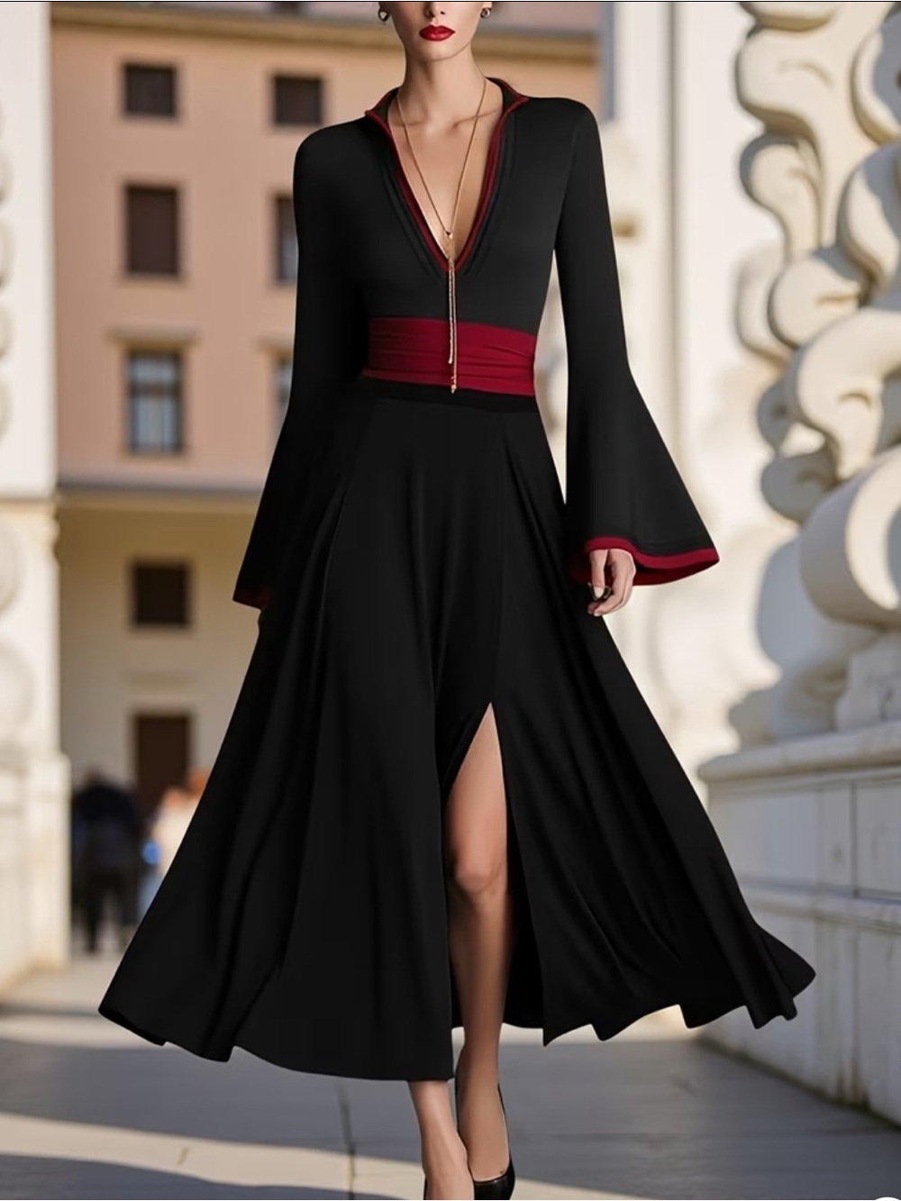 Elegant Black Maxi Dress with Red Trim and Waistband NWOT